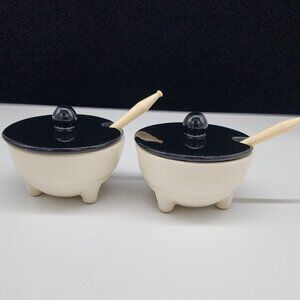 Vintage MCM Shawnee Condiment Bowls With Lids and Spoons Black & Ivory Color